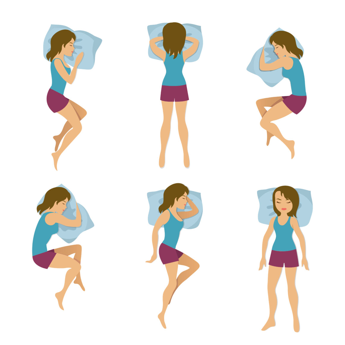 Women sleeping positions vector illustration. Woman sleep poses in bed